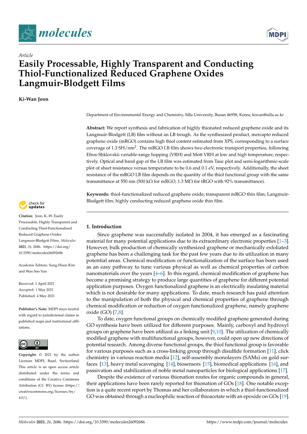 Easily Processable, Highly Transparent and Conducting Thiol-Functionalized Reduced Graphene Oxides Langmuir-Blodgett Films