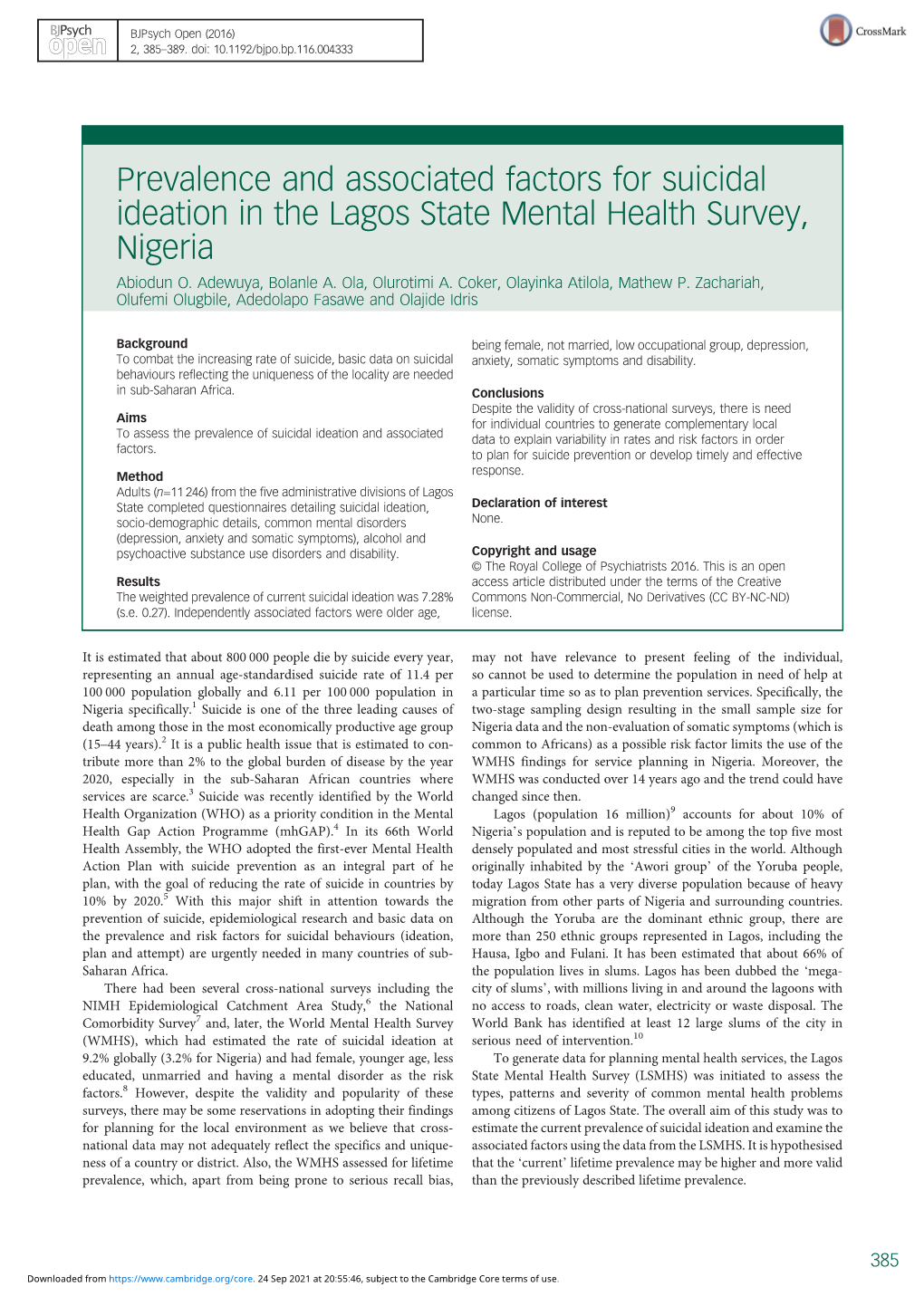 Prevalence and Associated Factors for Suicidal Ideation in the Lagos State Mental Health Survey, Nigeria Abiodun O