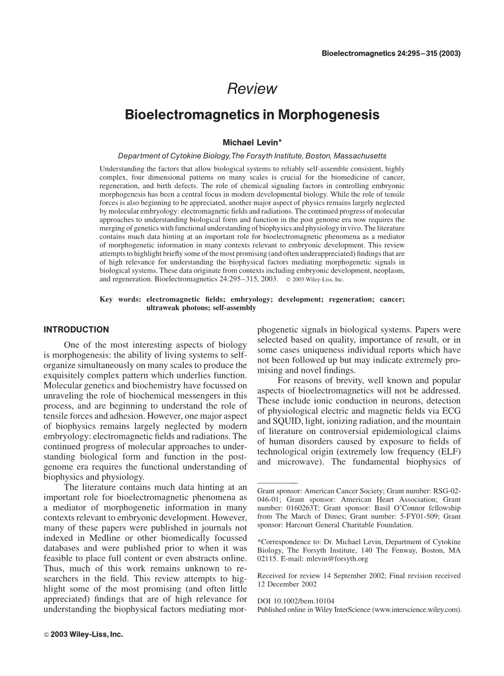 Review Bioelectromagnetics in Morphogenesis