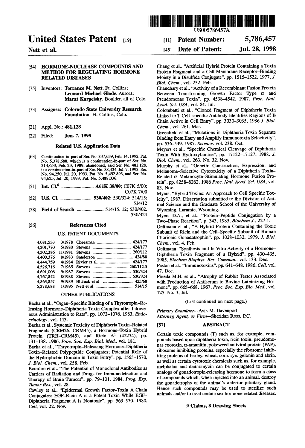 United States Patent (19) 11 Patent Number: 5,786,457 Nett Et Al