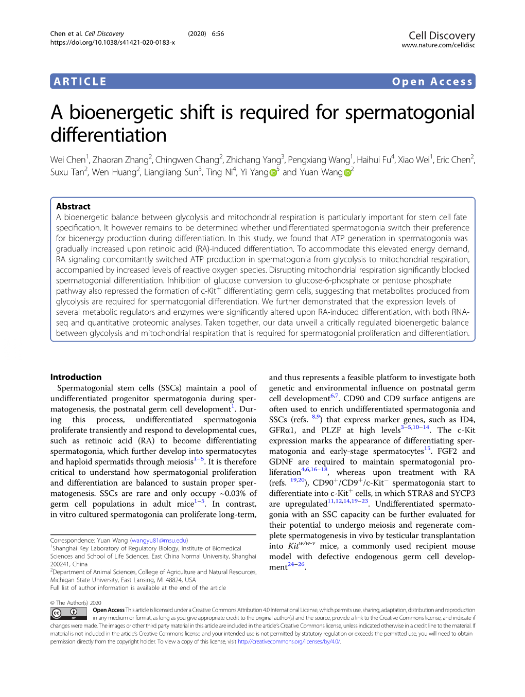 A Bioenergetic Shift Is Required for Spermatogonial Differentiation