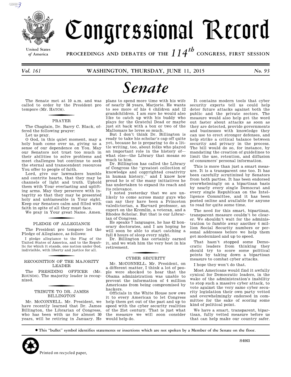 Congressional Record United States Th of America PROCEEDINGS and DEBATES of the 114 CONGRESS, FIRST SESSION