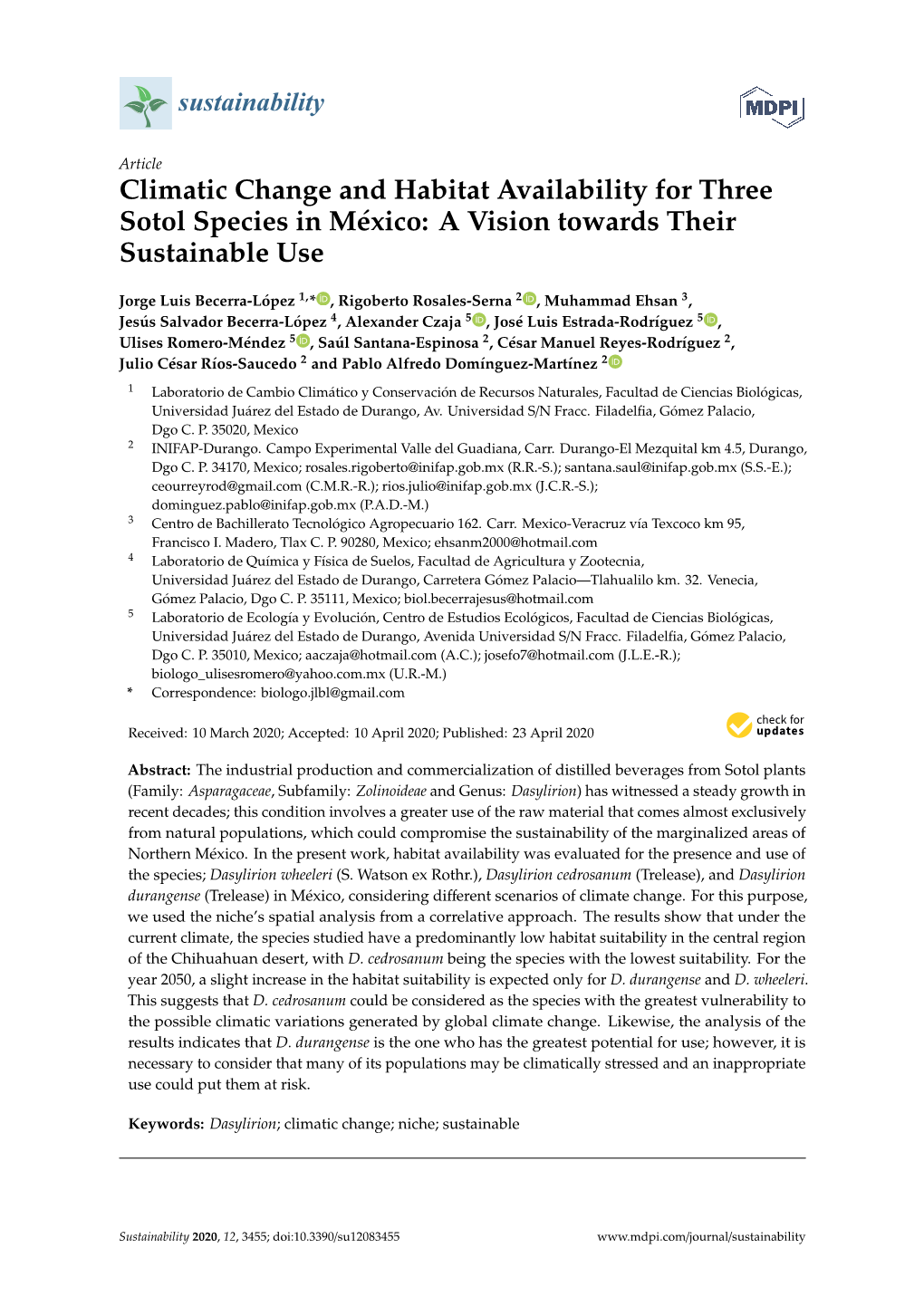 Climatic Change and Habitat Availability for Three Sotol Species in México: a Vision Towards Their Sustainable Use