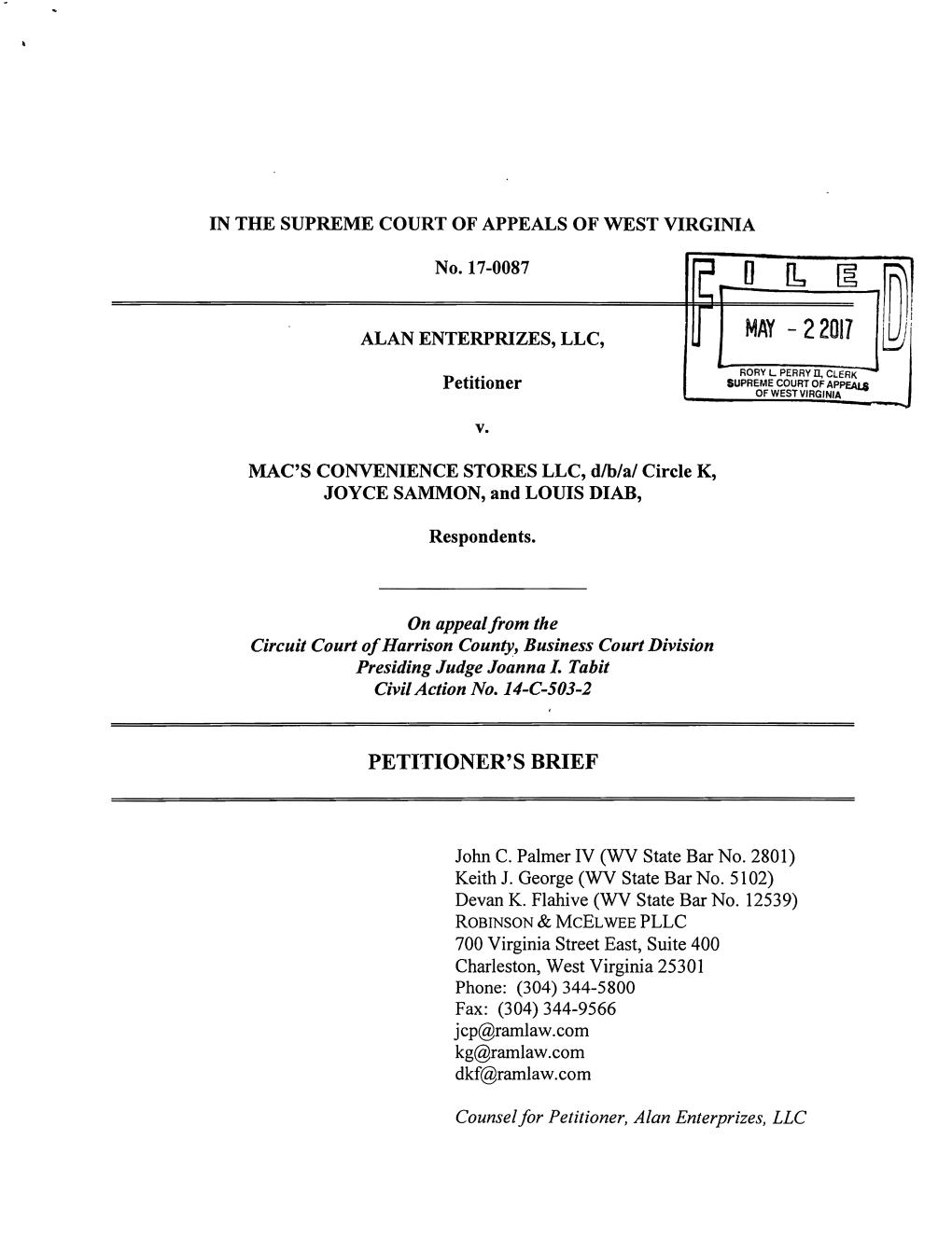 Petitioner's Brief, Alan Enterprises, LLC V. Mac's Convenience Stores