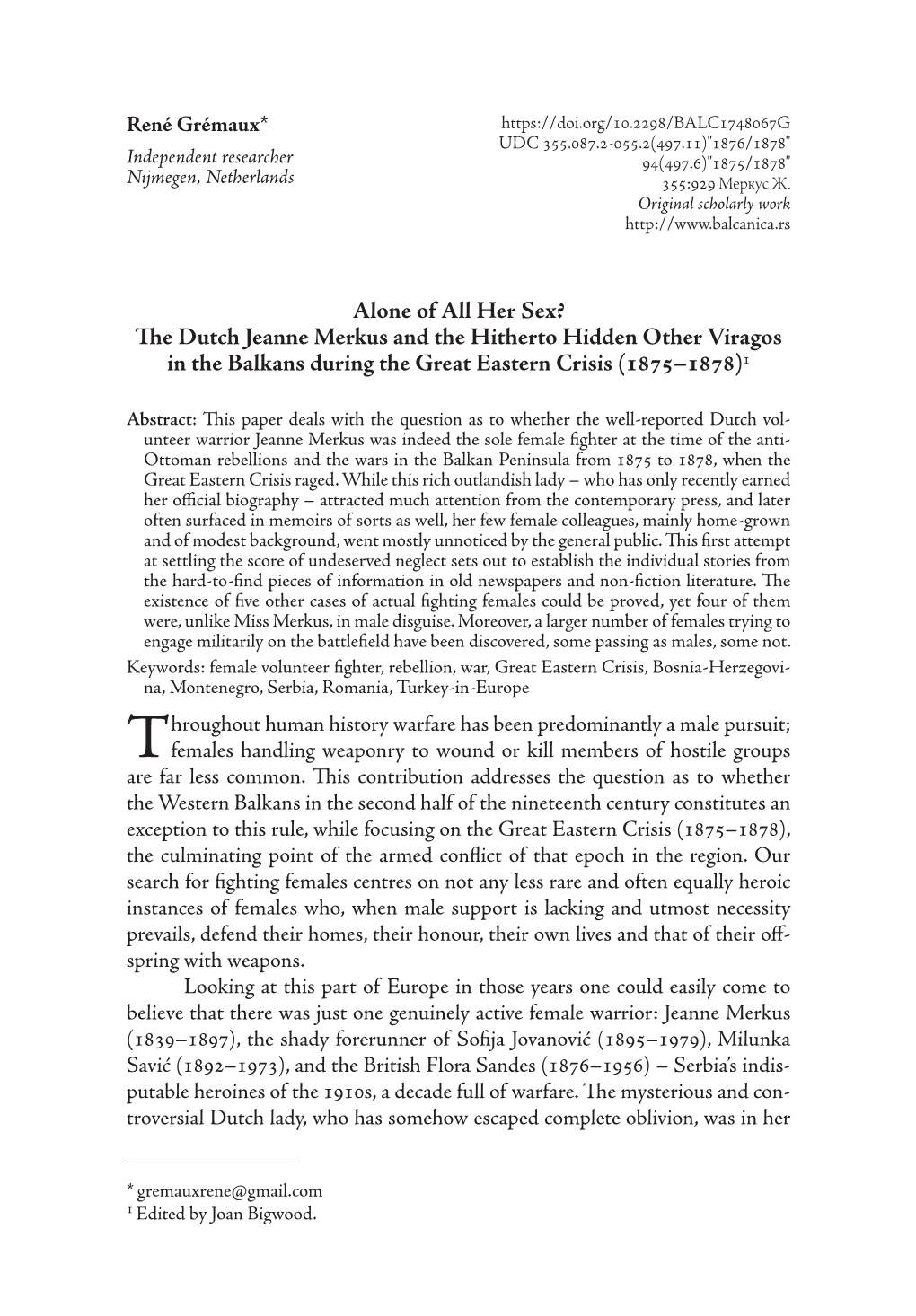 The Dutch Jeanne Merkus and the Hitherto Hidden Other Viragos in the Balkans During the Great Eastern Crisis (1875–1878)1