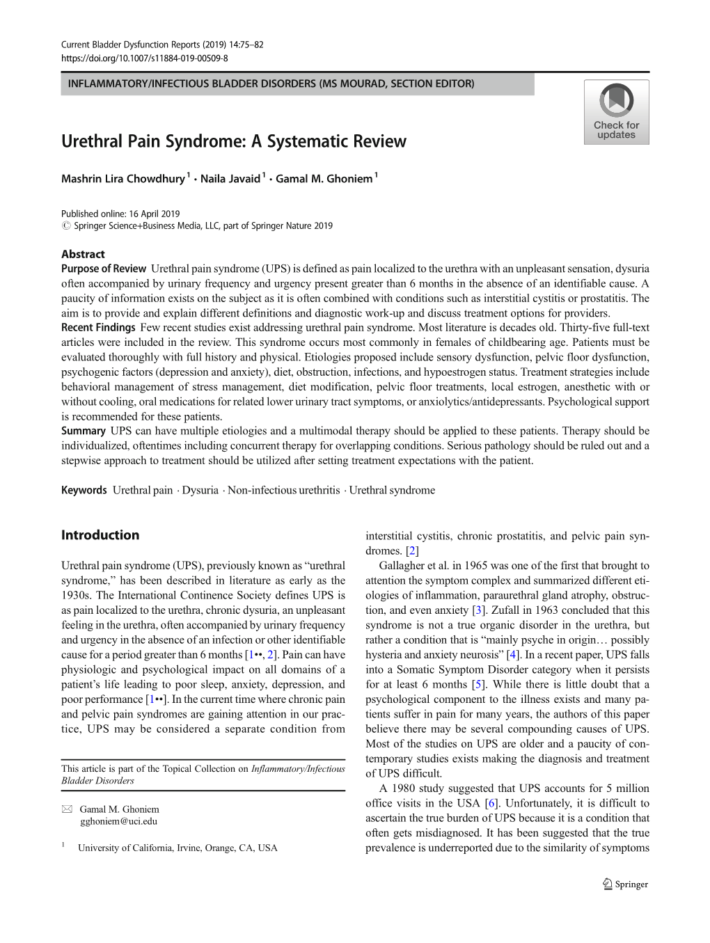 Urethral Pain Syndrome: a Systematic Review