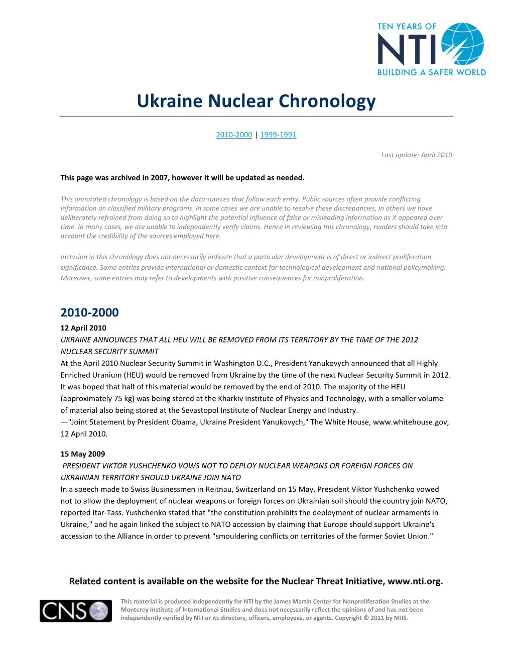Ukraine Nuclear Chronology