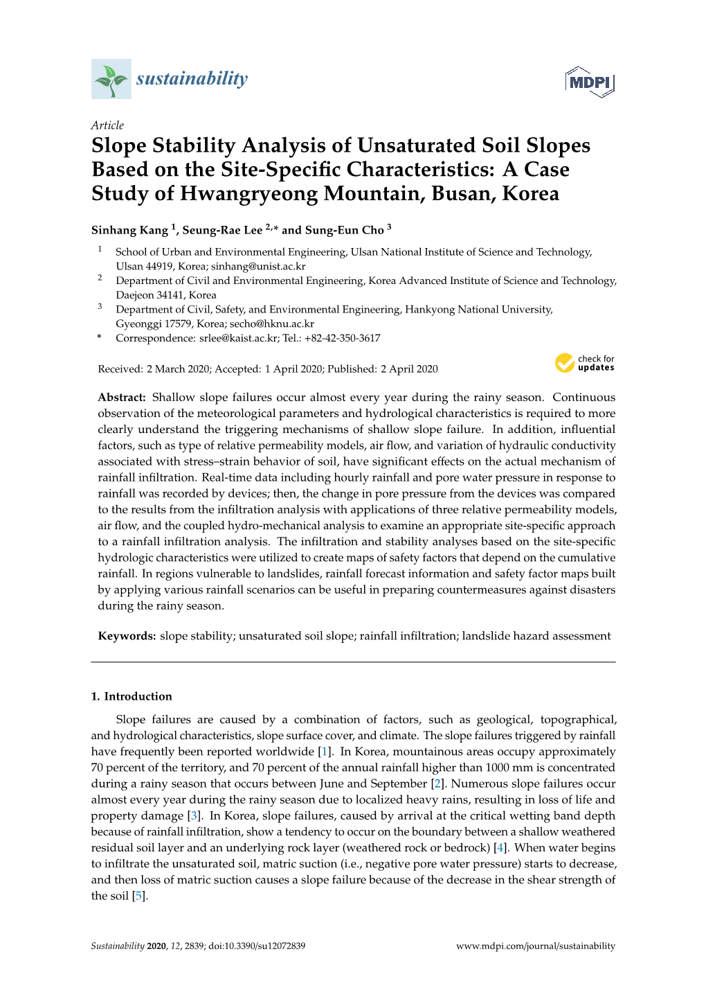 Slope Stability Analysis of Unsaturated Soil Slopes Based on the Site-Speciﬁc Characteristics: a Case Study of Hwangryeong Mountain, Busan, Korea