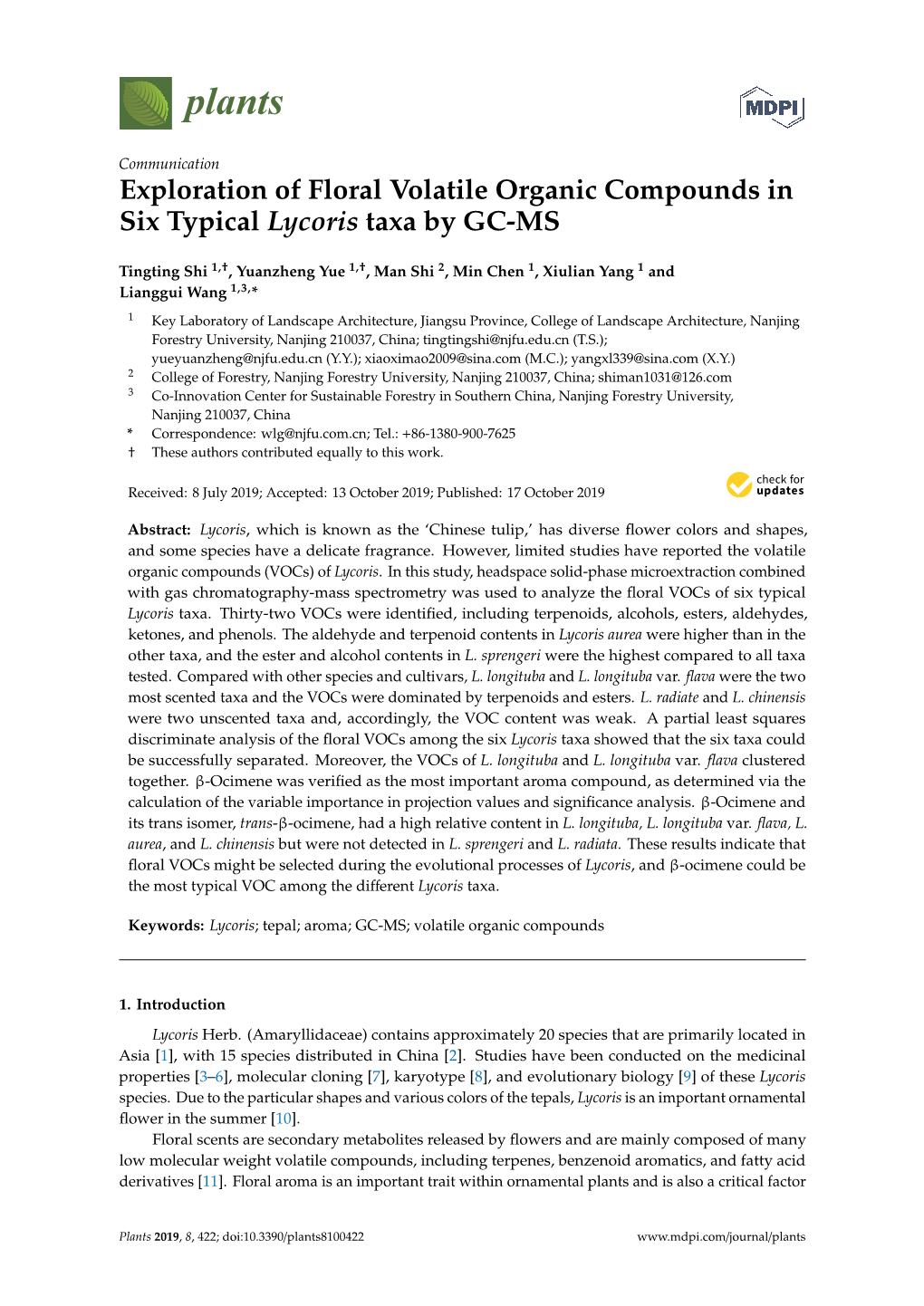 Exploration of Floral Volatile Organic Compounds in Six Typical Lycoris Taxa by GC-MS