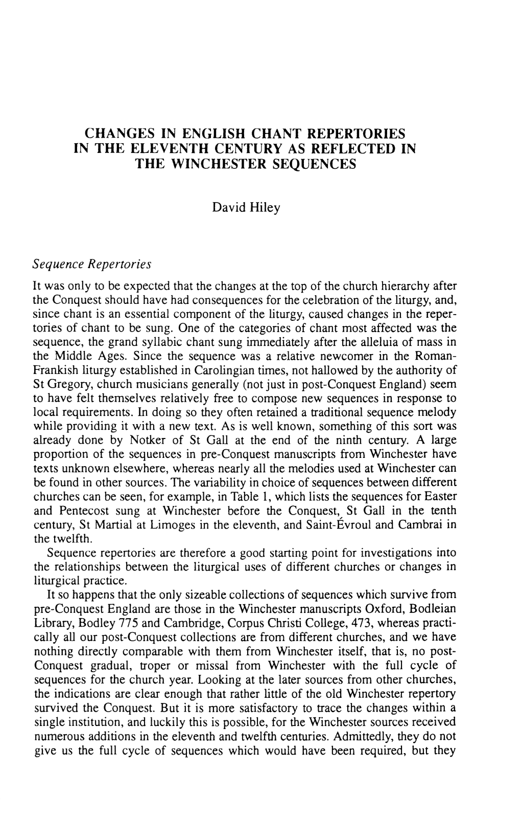 Changes in English Chant Repertories in the Eleventh Century As Reflected in the Winchester Sequences