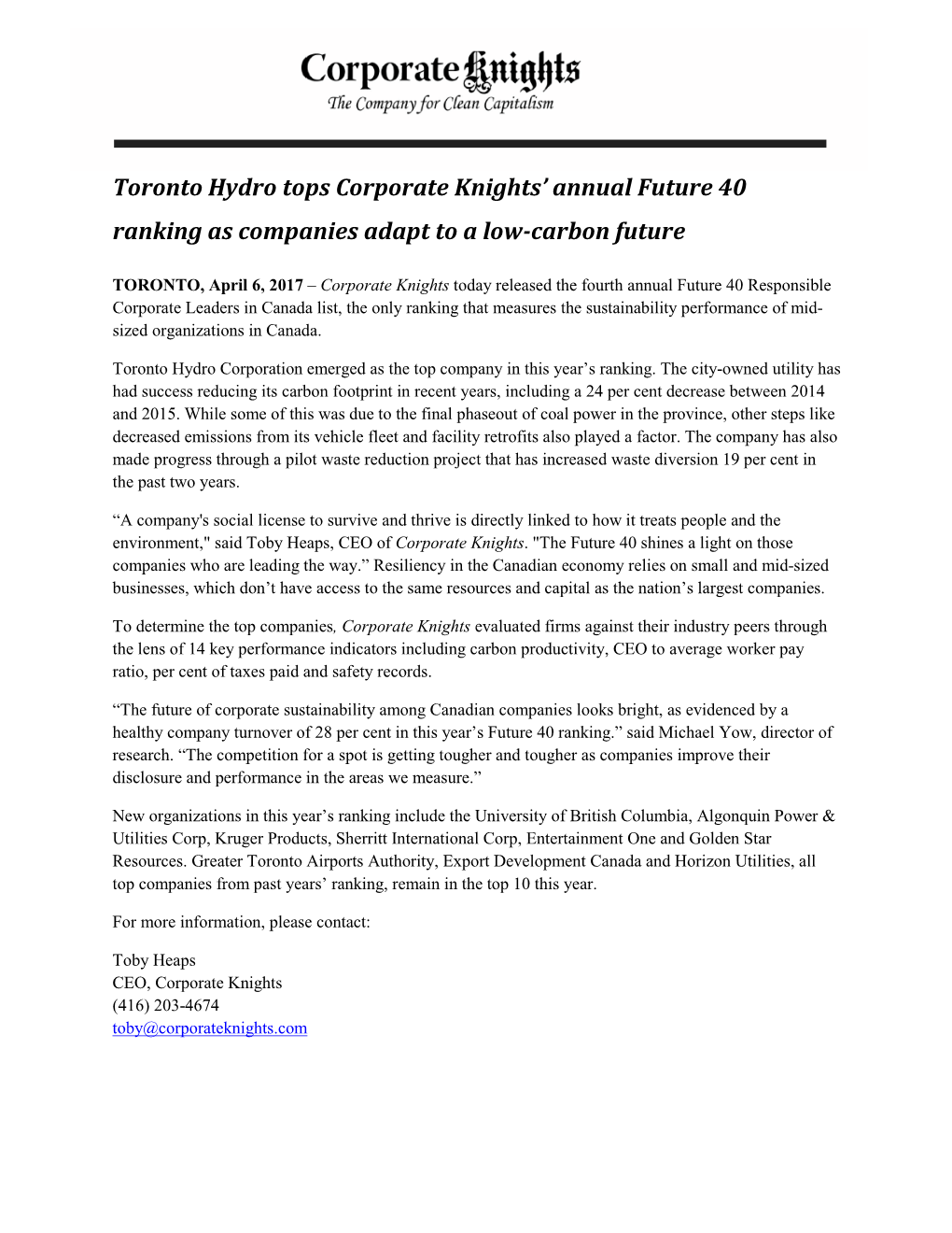 Toronto Hydro Tops Corporate Knights' Annual Future 40 Ranking