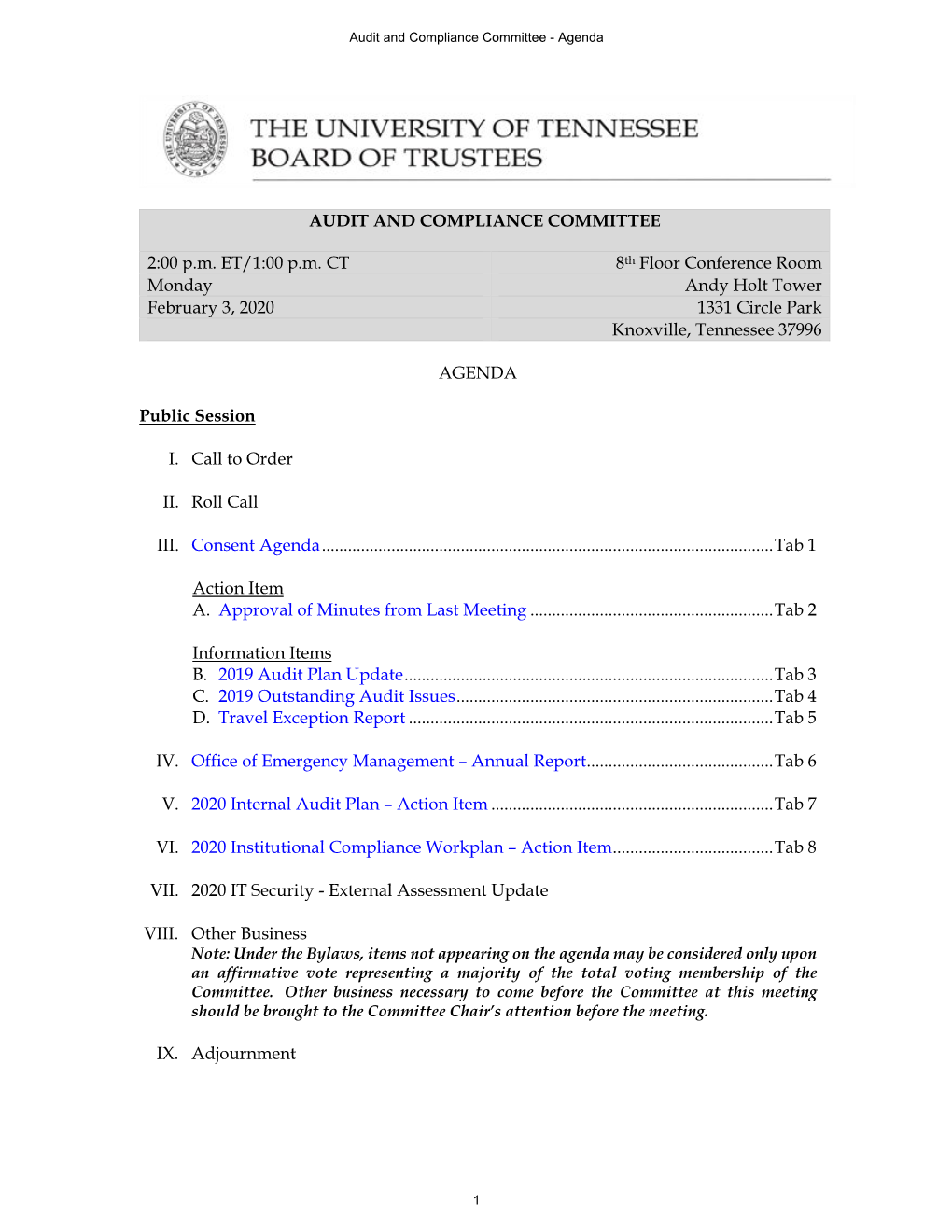 Audit and Compliance Committee - Agenda