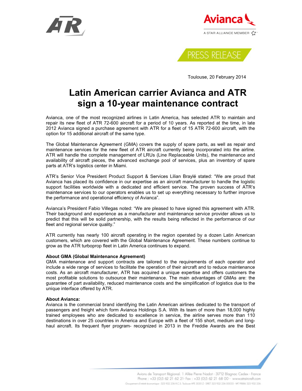 Latin American Carrier Avianca and ATR Sign a 10-Year Maintenance Contract