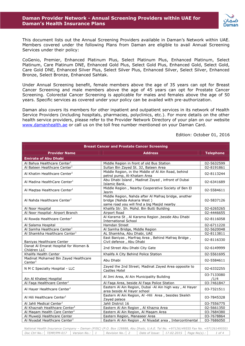 Annual Screening Providers Within UAE for Daman's Health Insurance