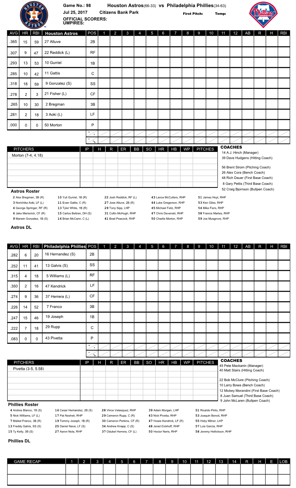 Houston Astros(66-33) Vs Philadelphia Phillies(34-63)