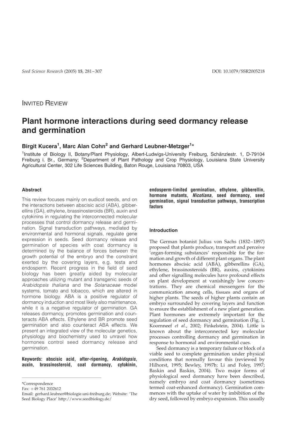 Plant Hormone Interactions During Seed Dormancy Release and Germination