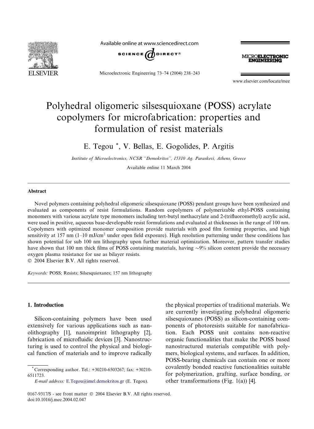 Polyhedral Oligomeric Silsesquioxane (POSS) Acrylate Copolymers for Microfabrication: Properties and Formulation of Resist Materials