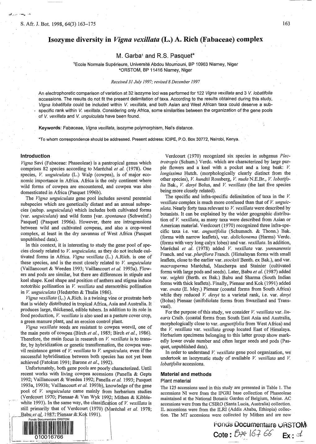 Isozyme Diversity in Vigna Vexillata (L.) A. Rich (Fabaceae) Complex