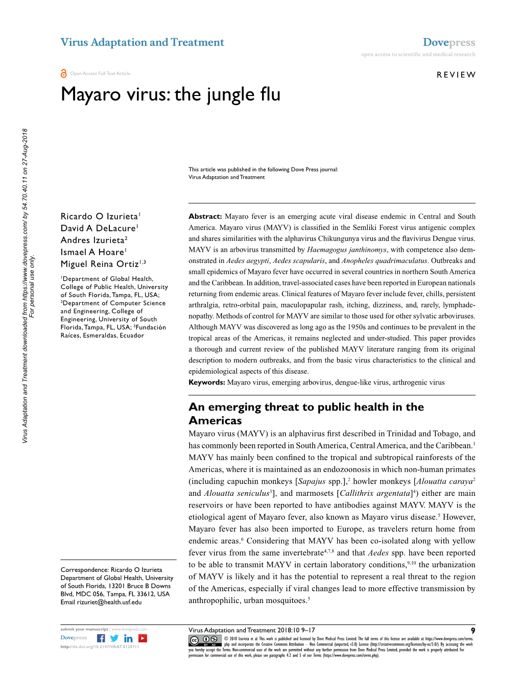 Mayaro Virus: the Jungle Flu Open Access to Scientific and Medical Research DOI