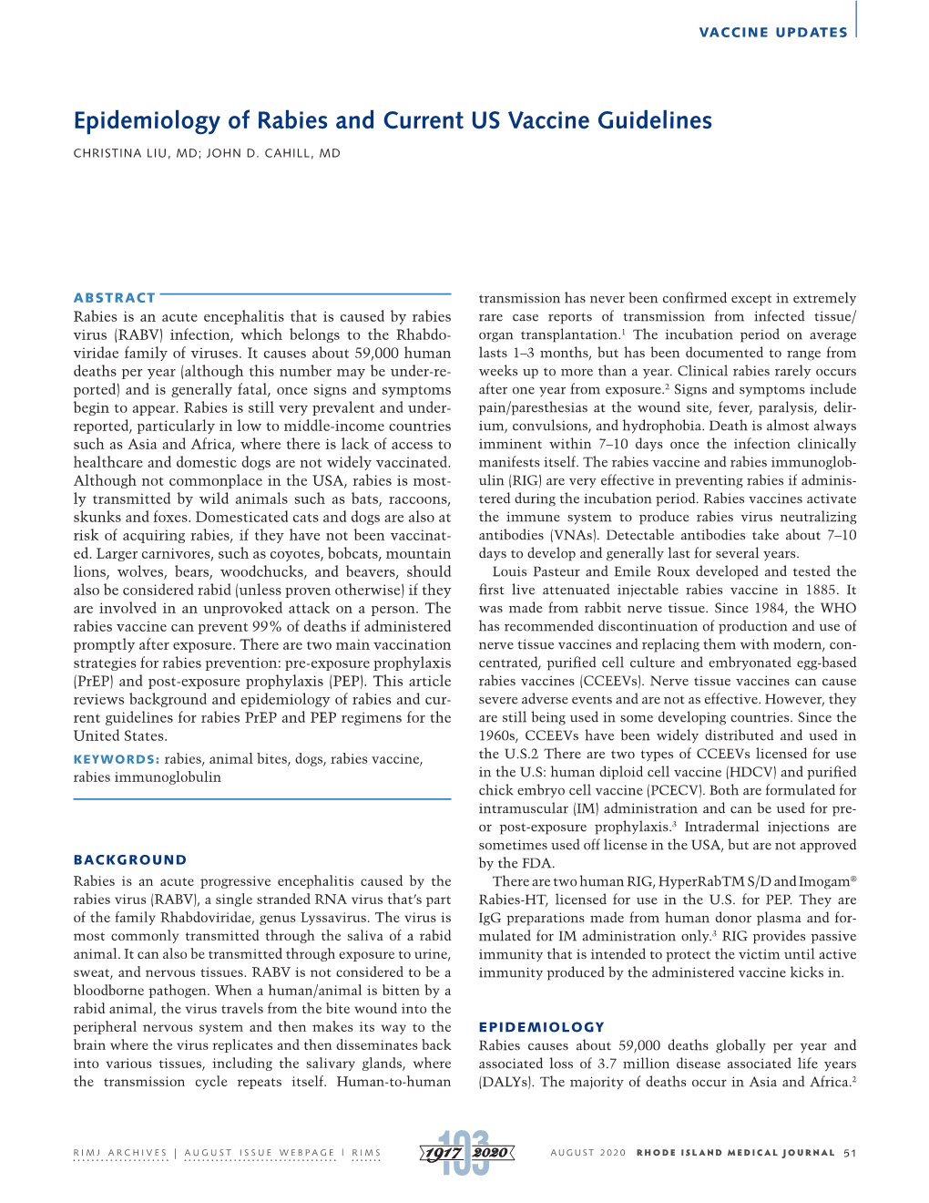 Epidemiology of Rabies and Current US Vaccine Guidelines