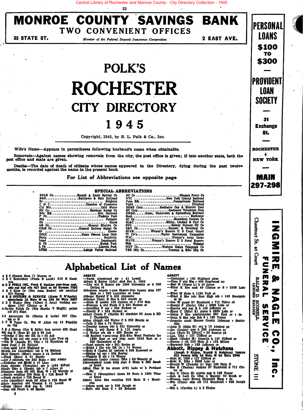 Rochester and Monroe County - City Directory Collection - 1945 33 MONROE COUNTY SAVINGS BANK PERSONAL TWO CONVENIENT OFFICES 35 STATE ST