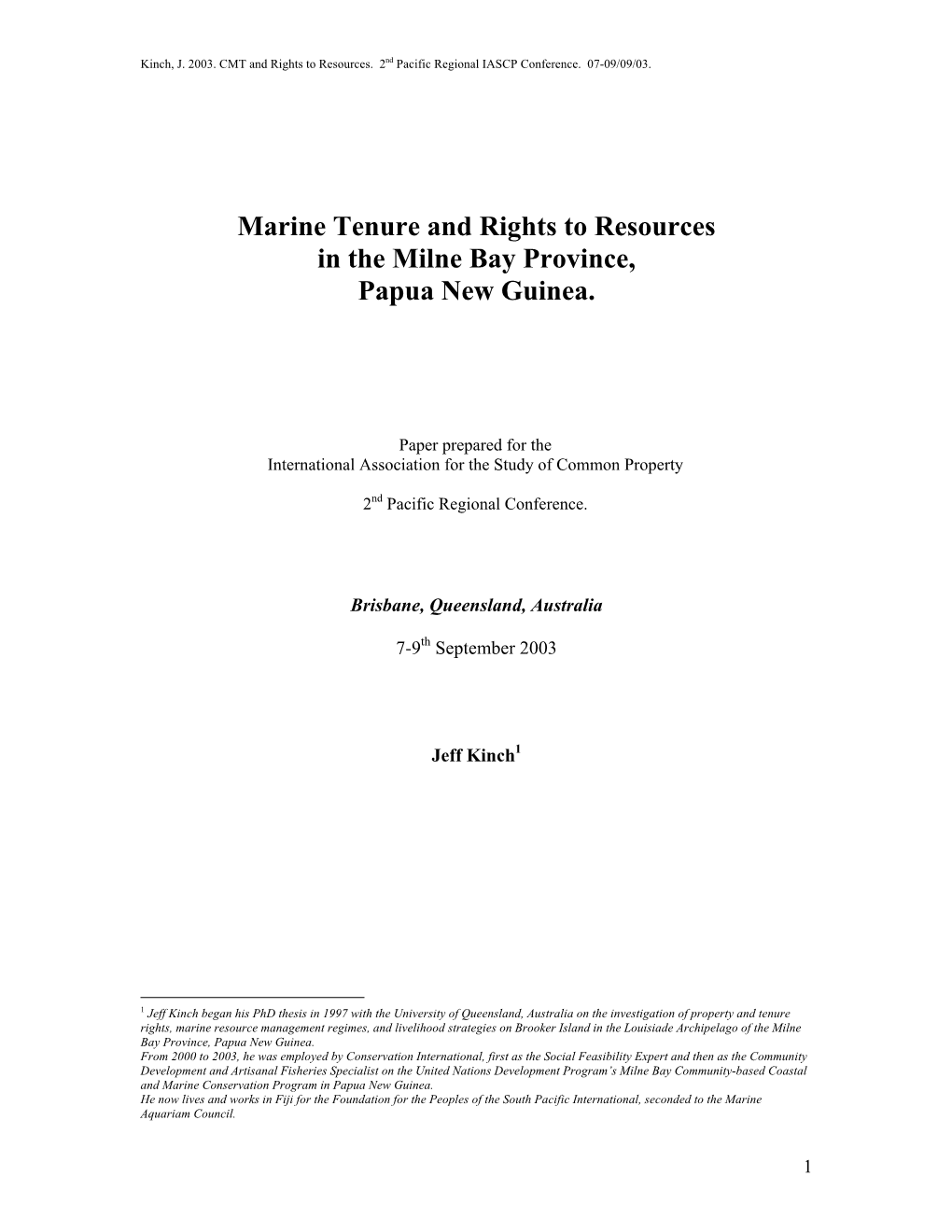 Marine Tenure and Rights to Resources in the Milne Bay Province, Papua New Guinea