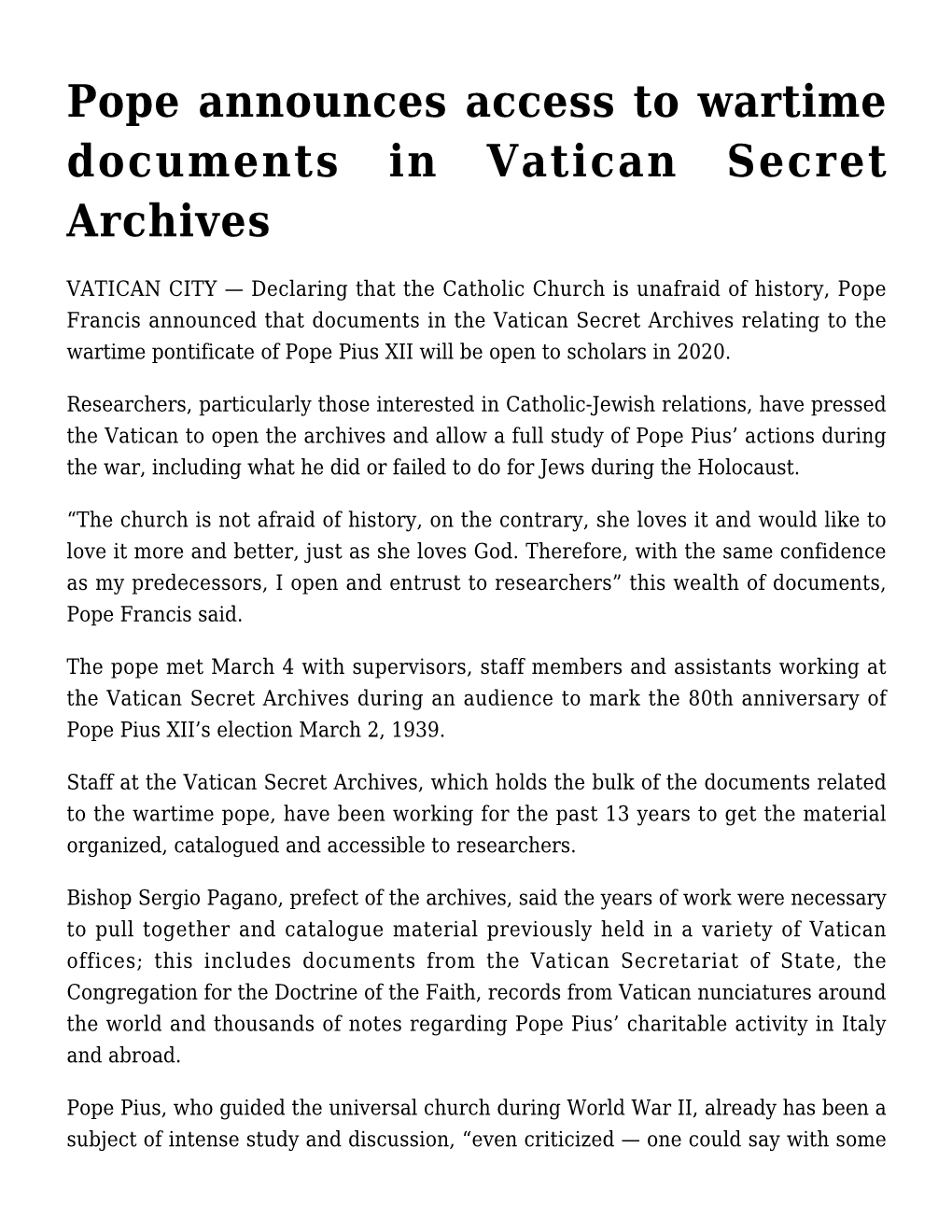 Pope Announces Access to Wartime Documents in Vatican Secret Archives