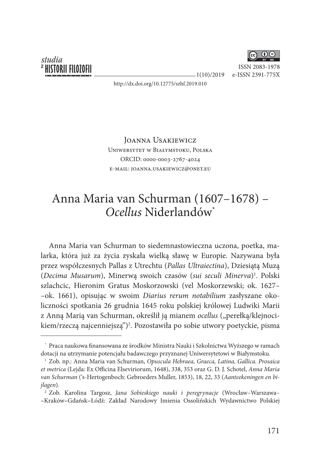 Anna Maria Van Schurman (1607–1678) – Ocellus Niderlandów*