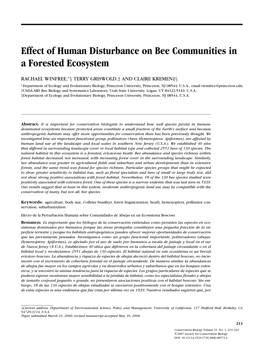 Effect of Human Disturbance on Bee Communities in a Forested Ecosystem