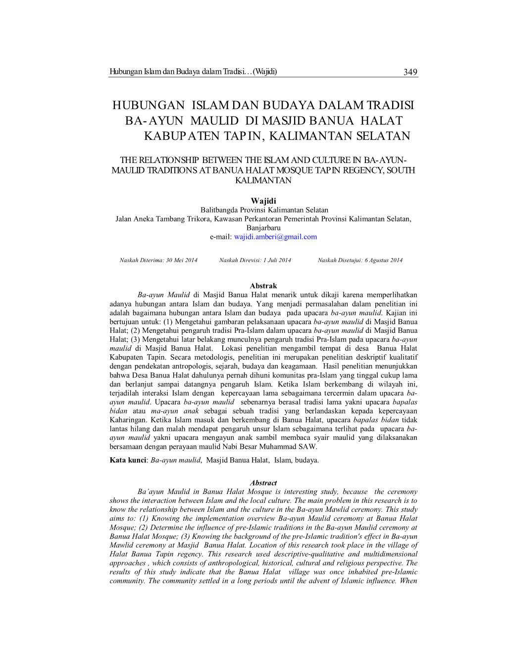Hubungan Islam Dan Budaya Dalam Tradisi Ba-Ayun Maulid Di Masjid Banua Halat Kabupaten Tapin, Kalimantan Selatan