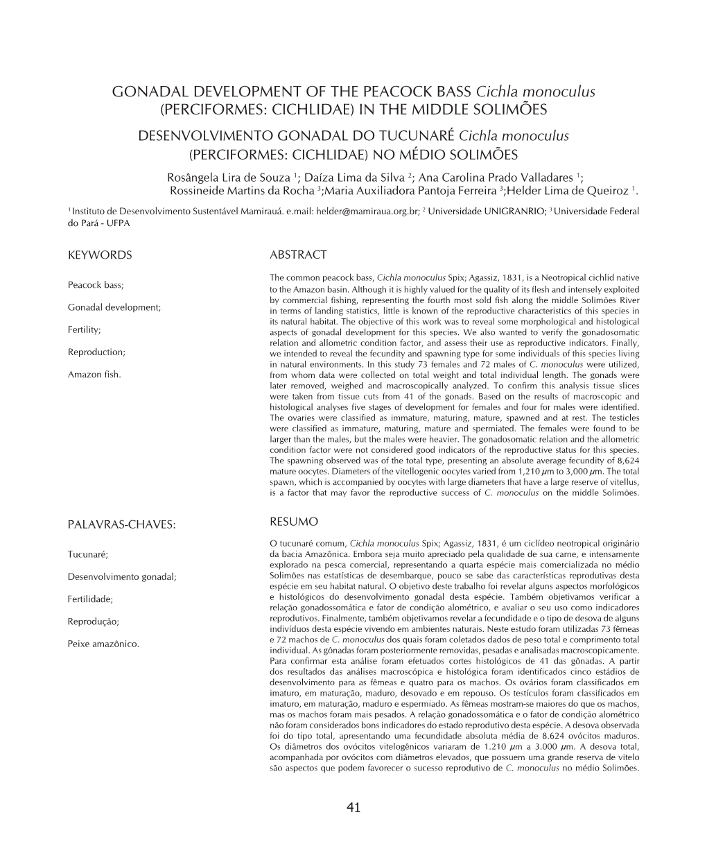 GONADAL DEVELOPMENT of the PEACOCK BASS Cichla Monoculus