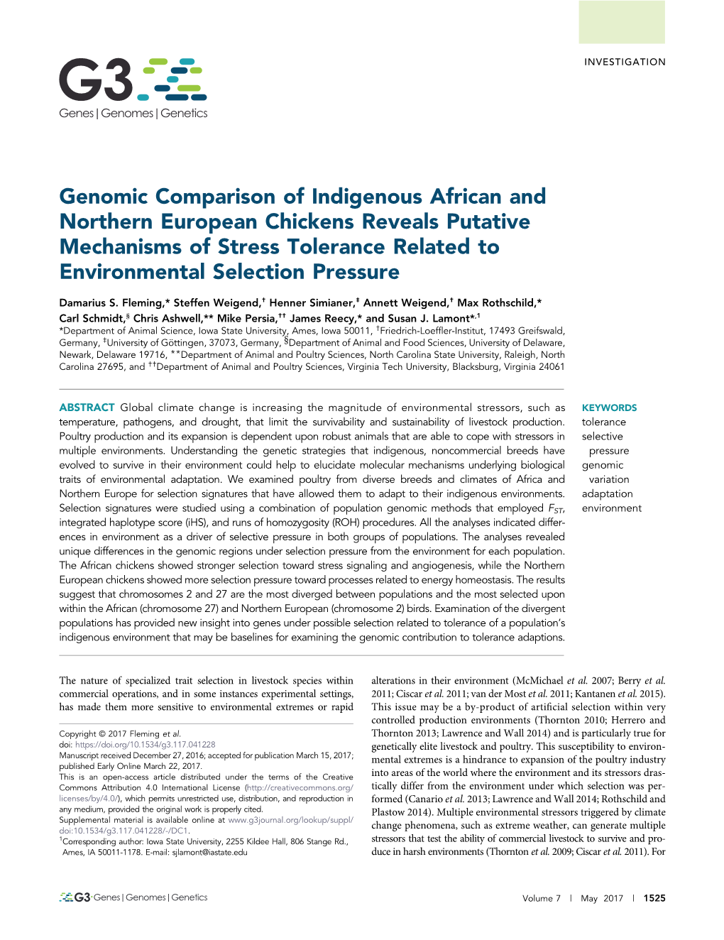 Genomic Comparison of Indigenous African and Northern European Chickens Reveals Putative Mechanisms of Stress Tolerance Related to Environmental Selection Pressure