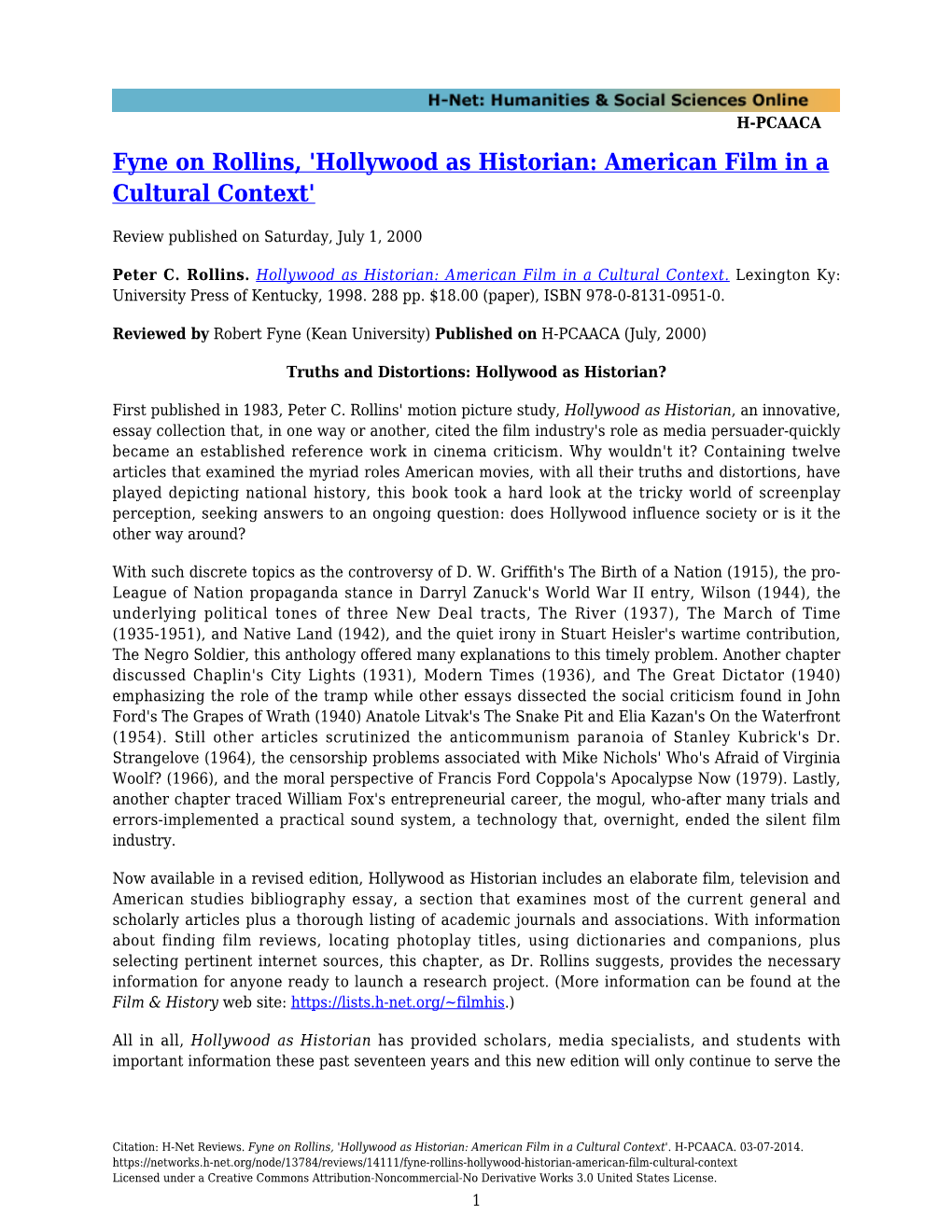 Hollywood As Historian: American Film in a Cultural Context'