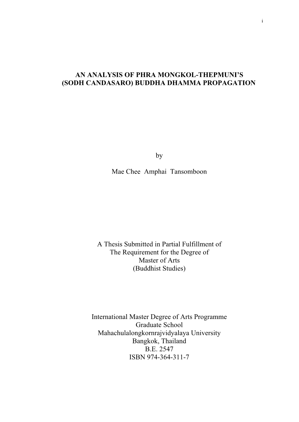 An Analysis of Phra Mongkol-Thepmuni's (Sodh