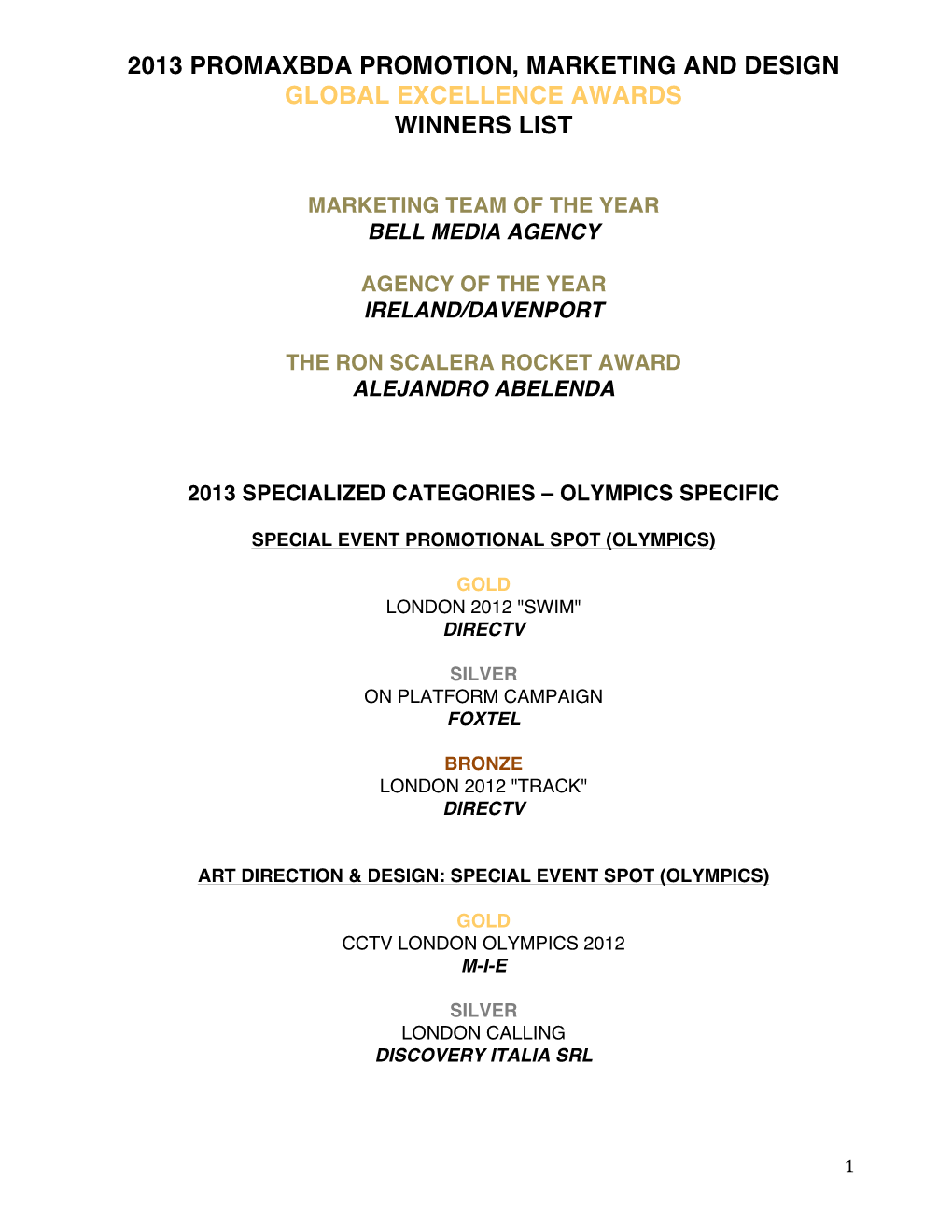 2013 Promaxbda Promotion, Marketing and Design Global Excellence Awards Winners List