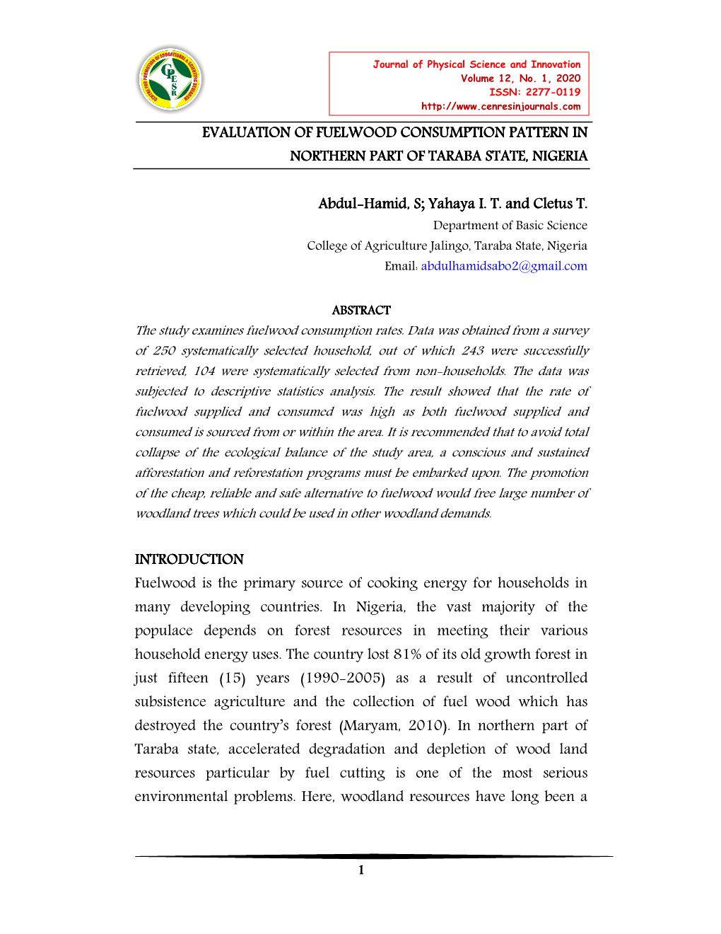 Evaluation of Fuelwood Consumption Pattern in Northern Part of Taraba State, Nigeria