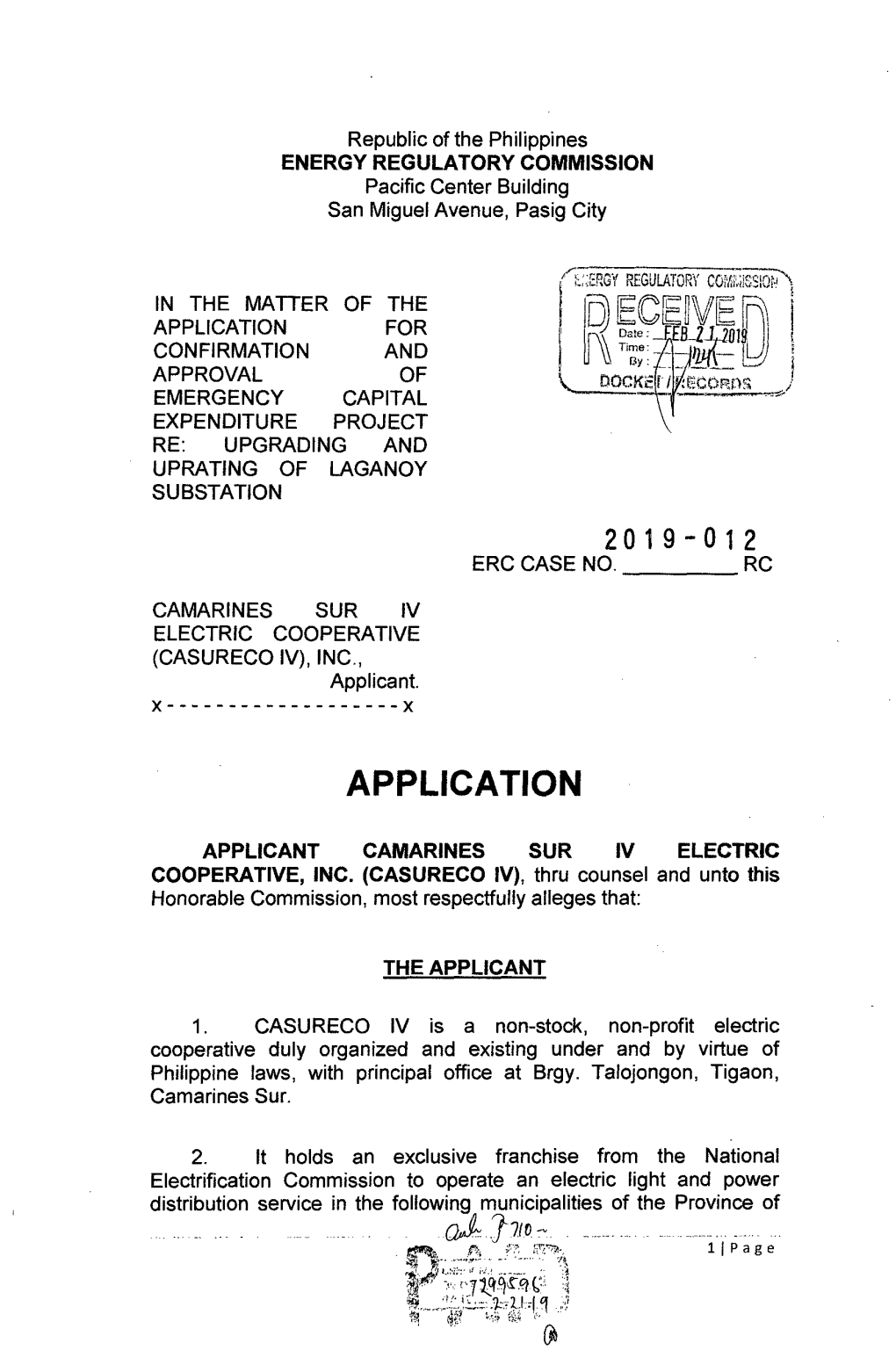 ECEDVE[Ñ CONFIRMATION� and R3y a ~W APPROVAL � of Rcorns EMERGENCY �CAPITAL EXPENDITURE PROJECT RE: UPGRADING and UPRATING of LAGANOY SUBSTATION 2019-012 ERC CASE NO