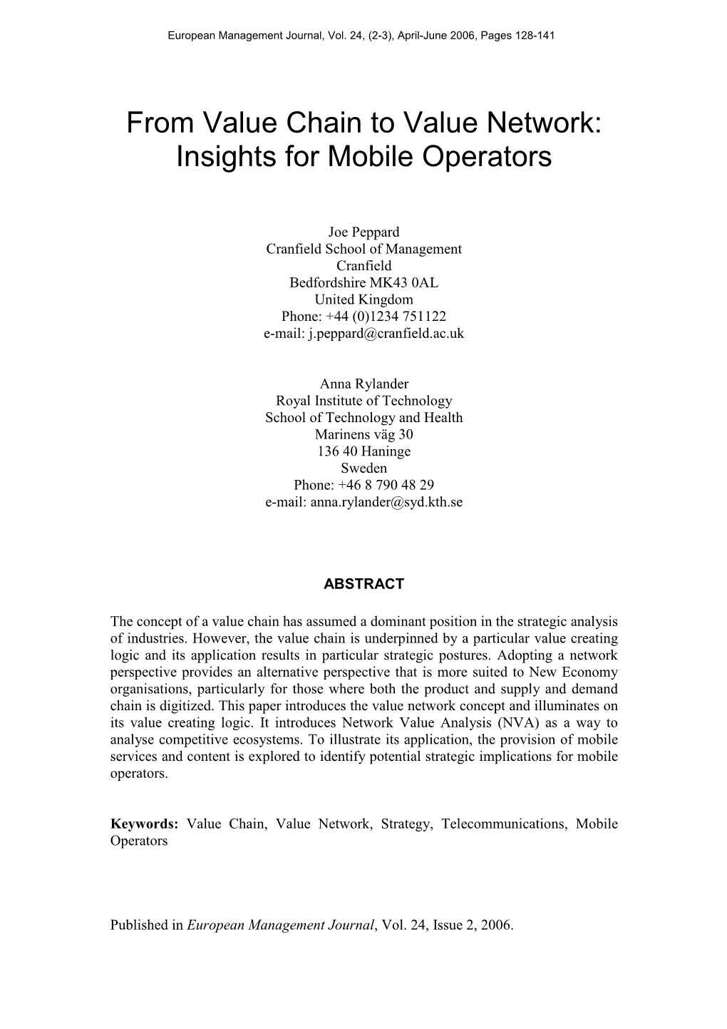 From Value Chain to Value Network: Insights for Mobile Operators