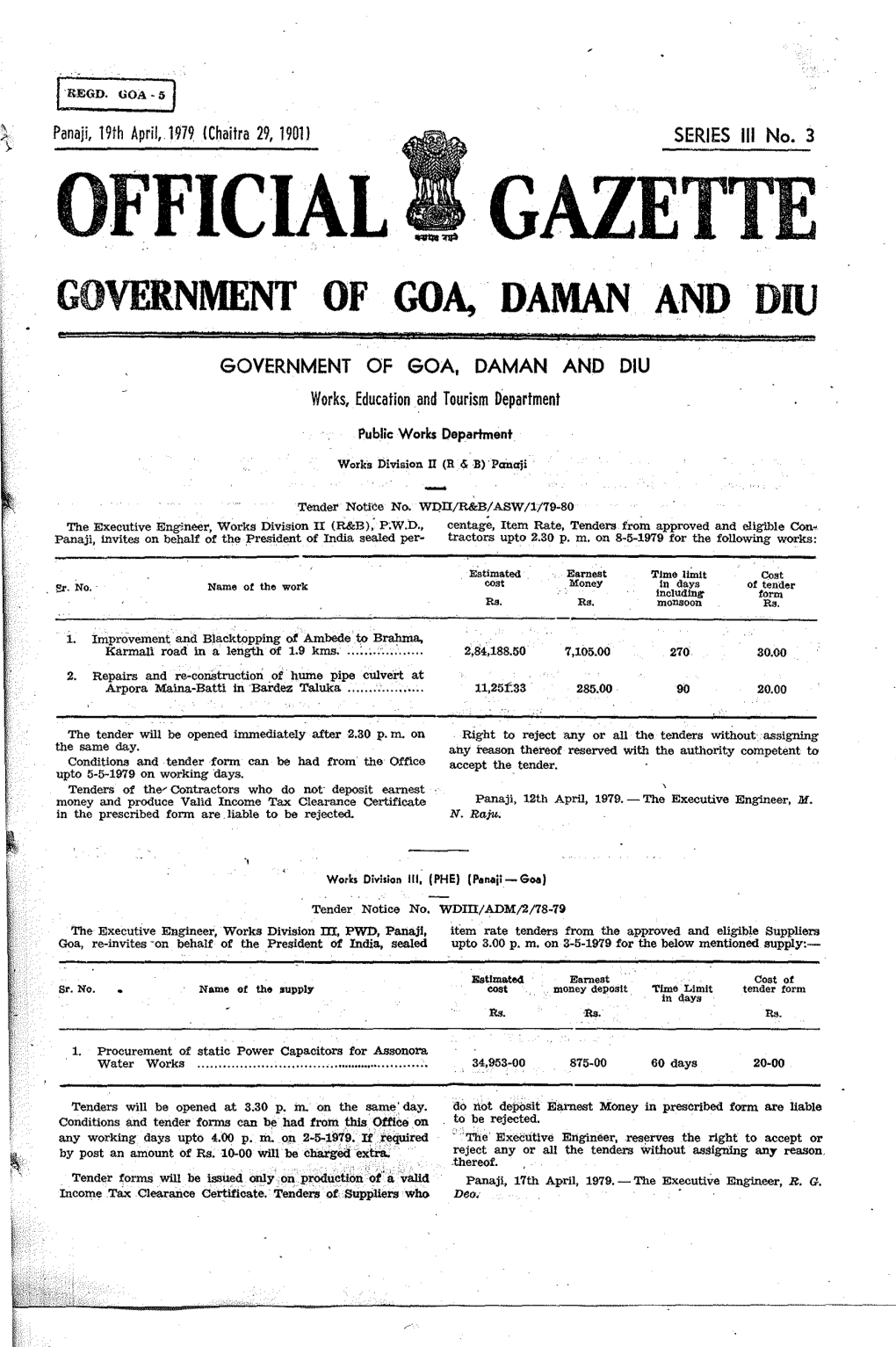 Official Gazette Government of Goa,' Daman and 'Diu