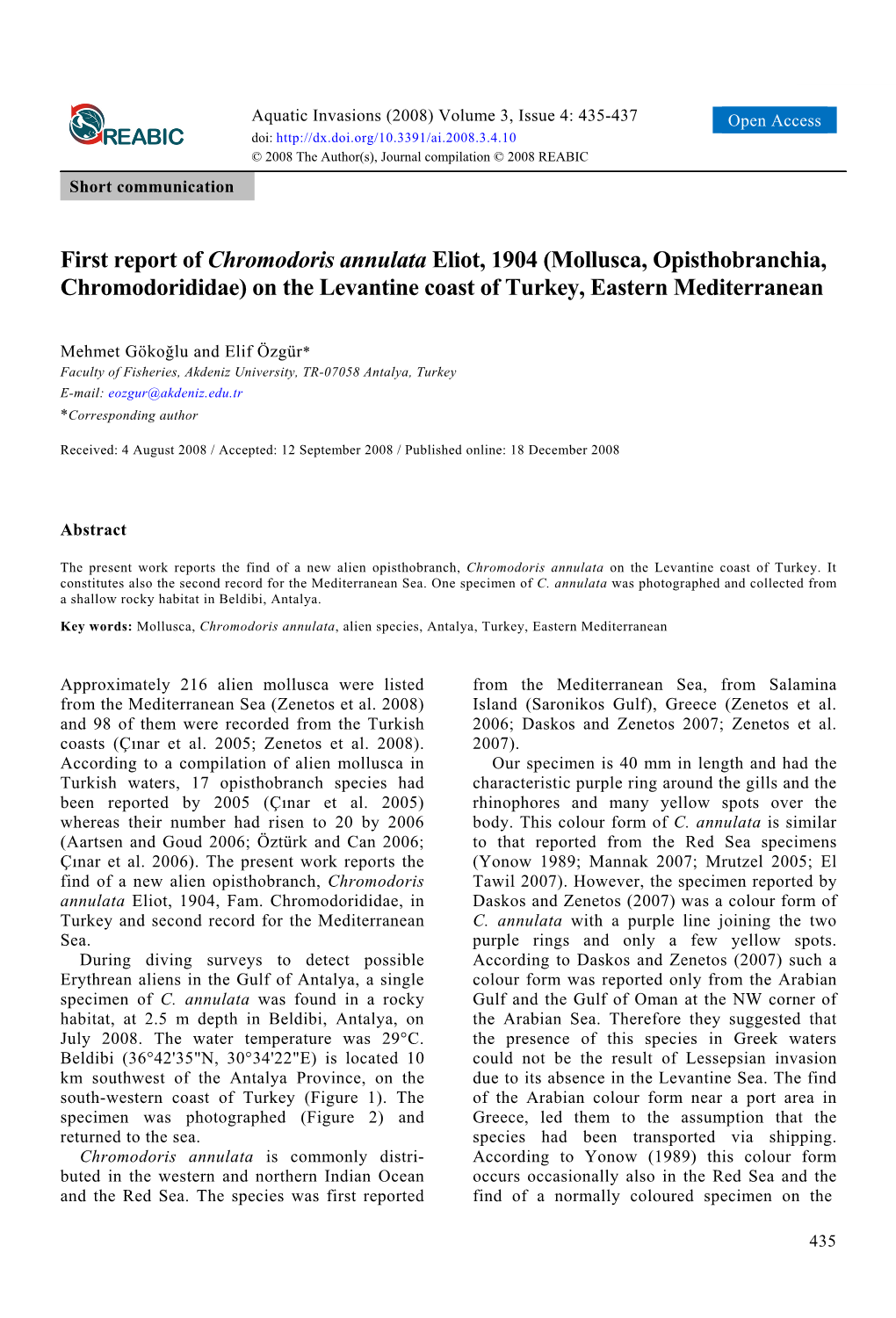 Mollusca, Opisthobranchia, Chromodorididae) on the Levantine Coast of Turkey, Eastern Mediterranean