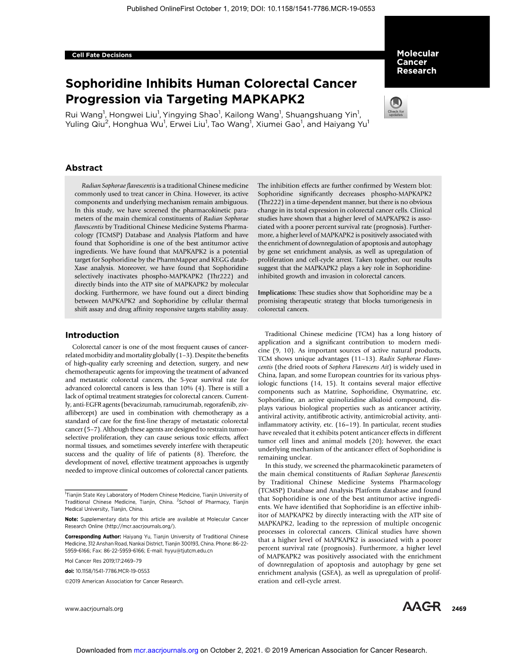 Sophoridine Inhibits Human Colorectal Cancer Progression Via