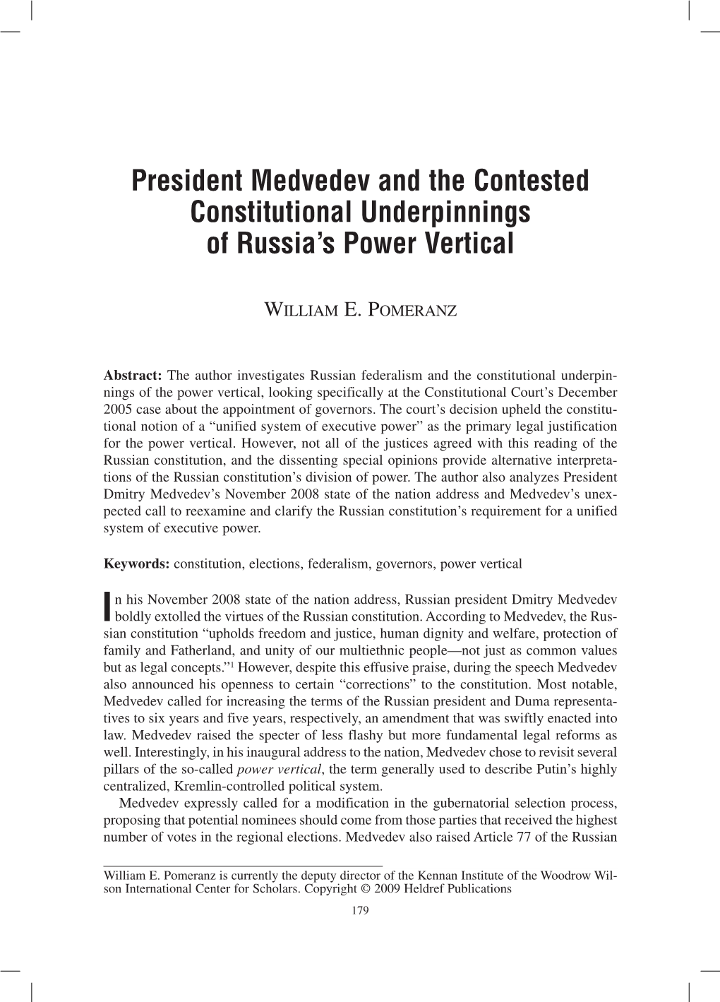 President Medvedev and the Contested Constitutional Underpinnings of Russia's Power Vertical