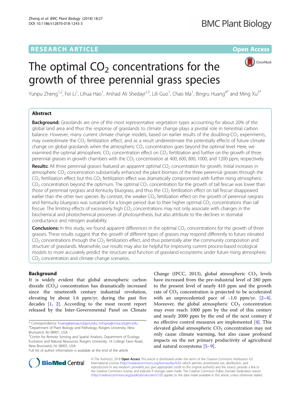 The Optimal CO2 Concentrations for the Growth of Three Perennial Grass
