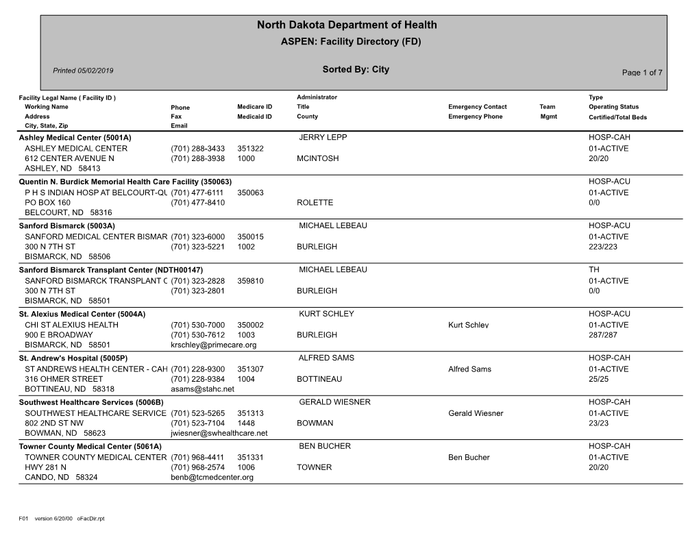 North Dakota Department of Health ASPEN: Facility Directory (FD)