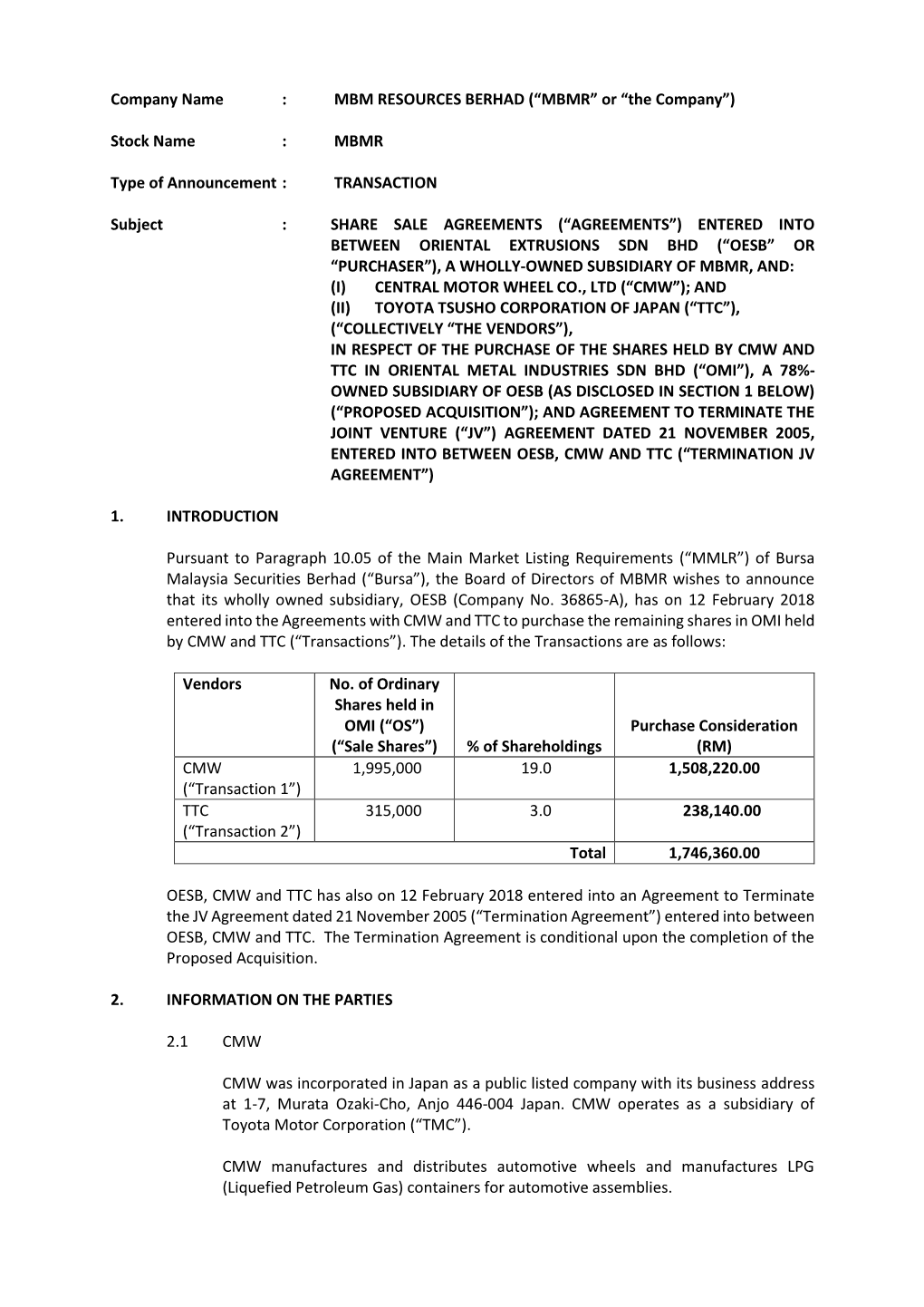 MBMR Type of Announcement : TRANSACTION Subje