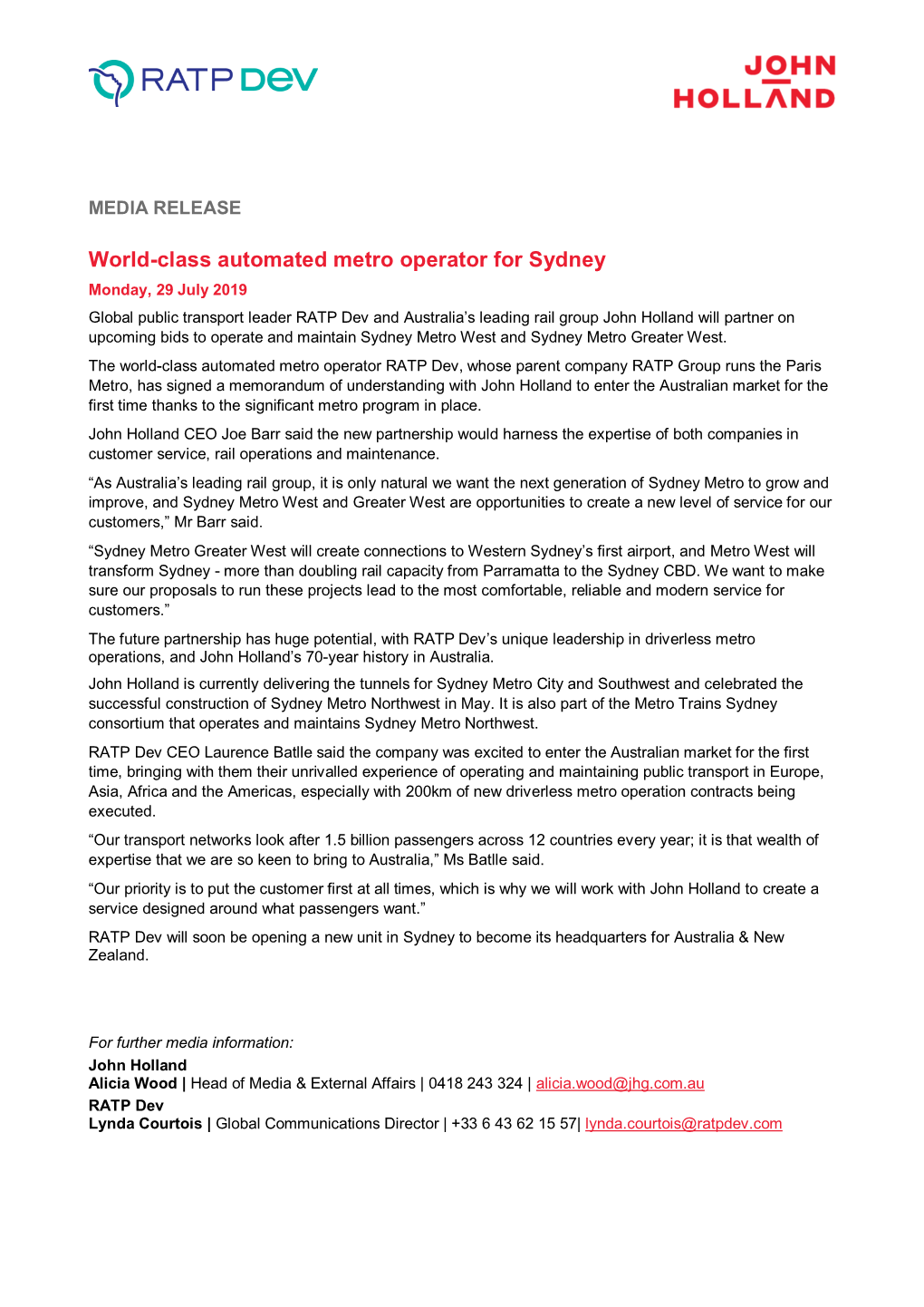 World-Class Automated Metro Operator for Sydney