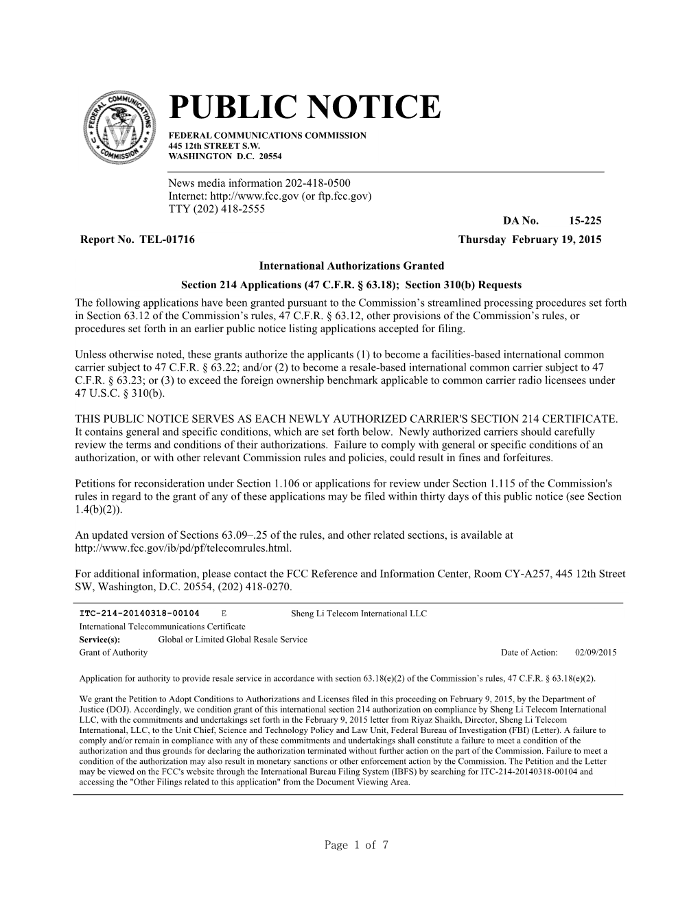 PUBLIC NOTICE FEDERAL COMMUNICATIONS COMMISSION 445 12Th STREET S.W