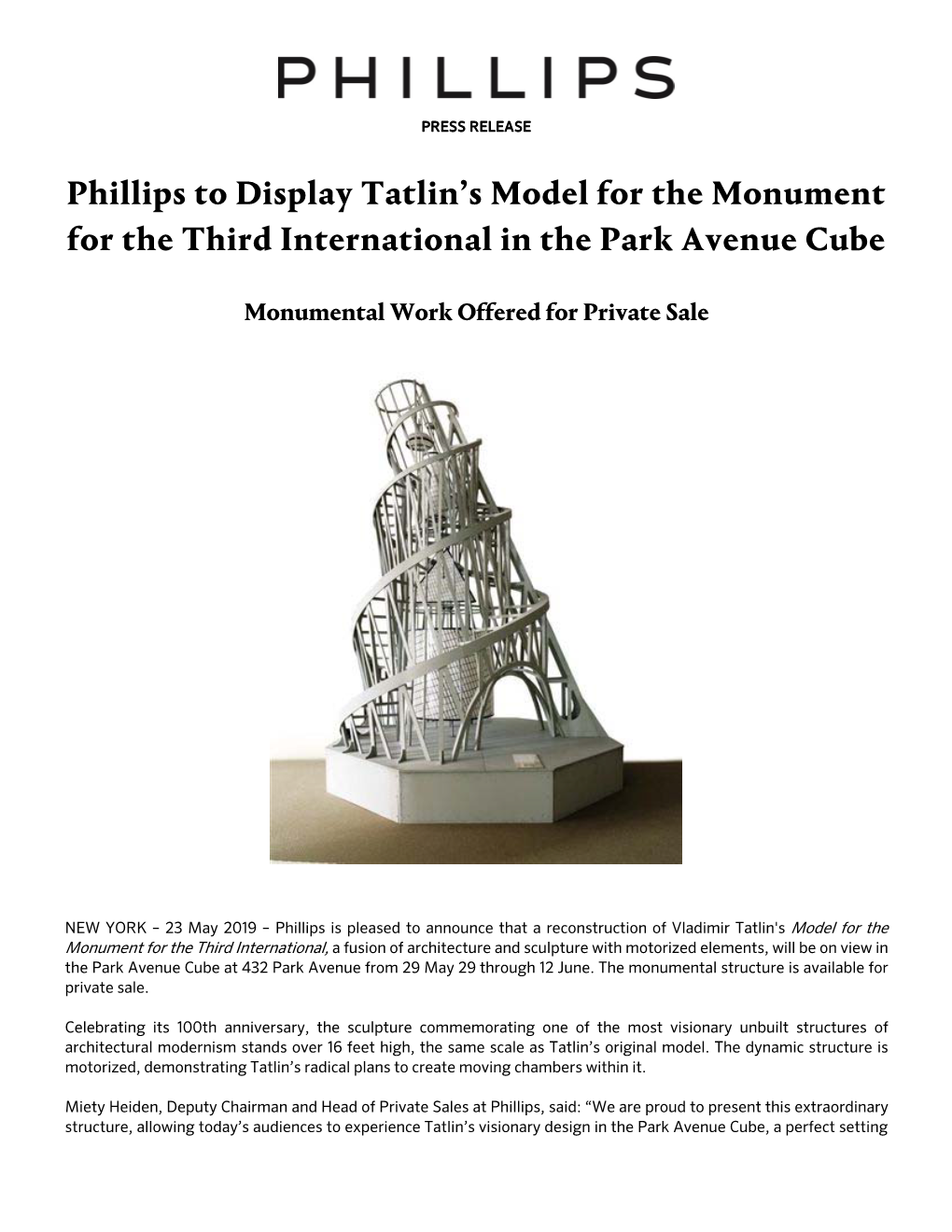 Phillips to Display Tatlin's Model for the Monument for the Third