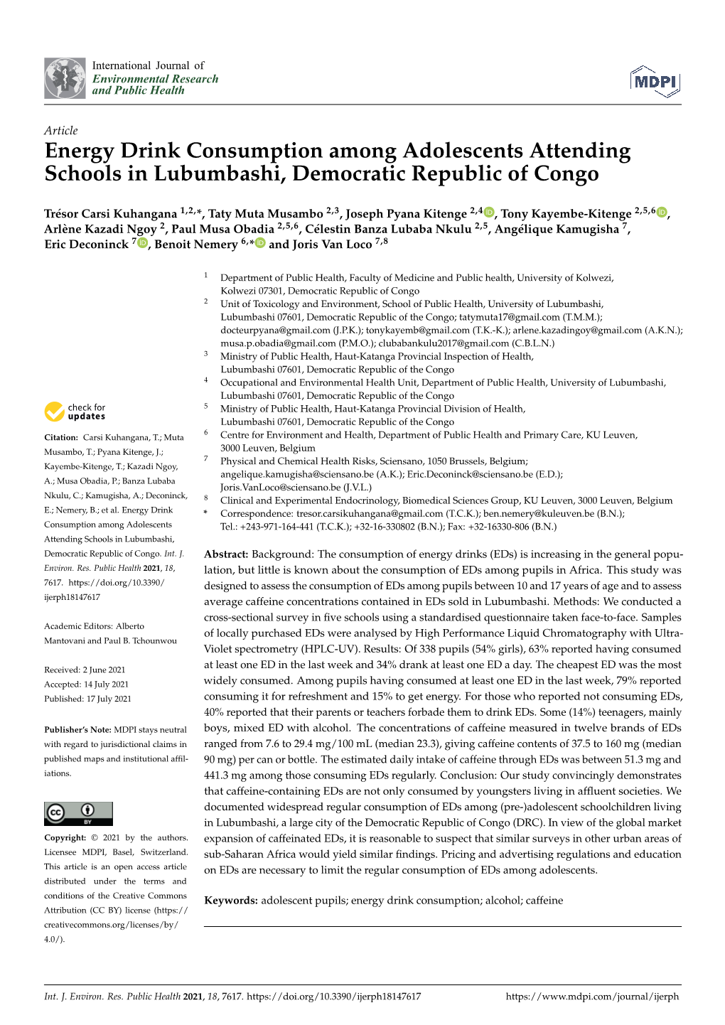 Energy Drink Consumption Among Adolescents Attending Schools in Lubumbashi, Democratic Republic of Congo