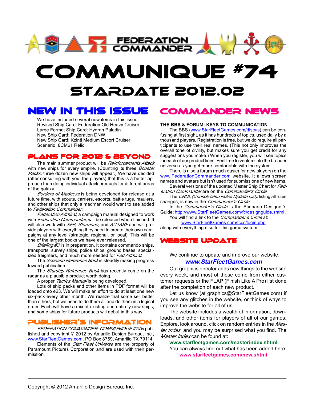 Communique #74 Stardate 2012.02